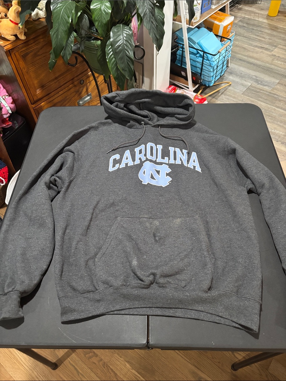 Champion Men’s Carolina Crewneck Hoodie in Dark Gray with Light Blue Logo